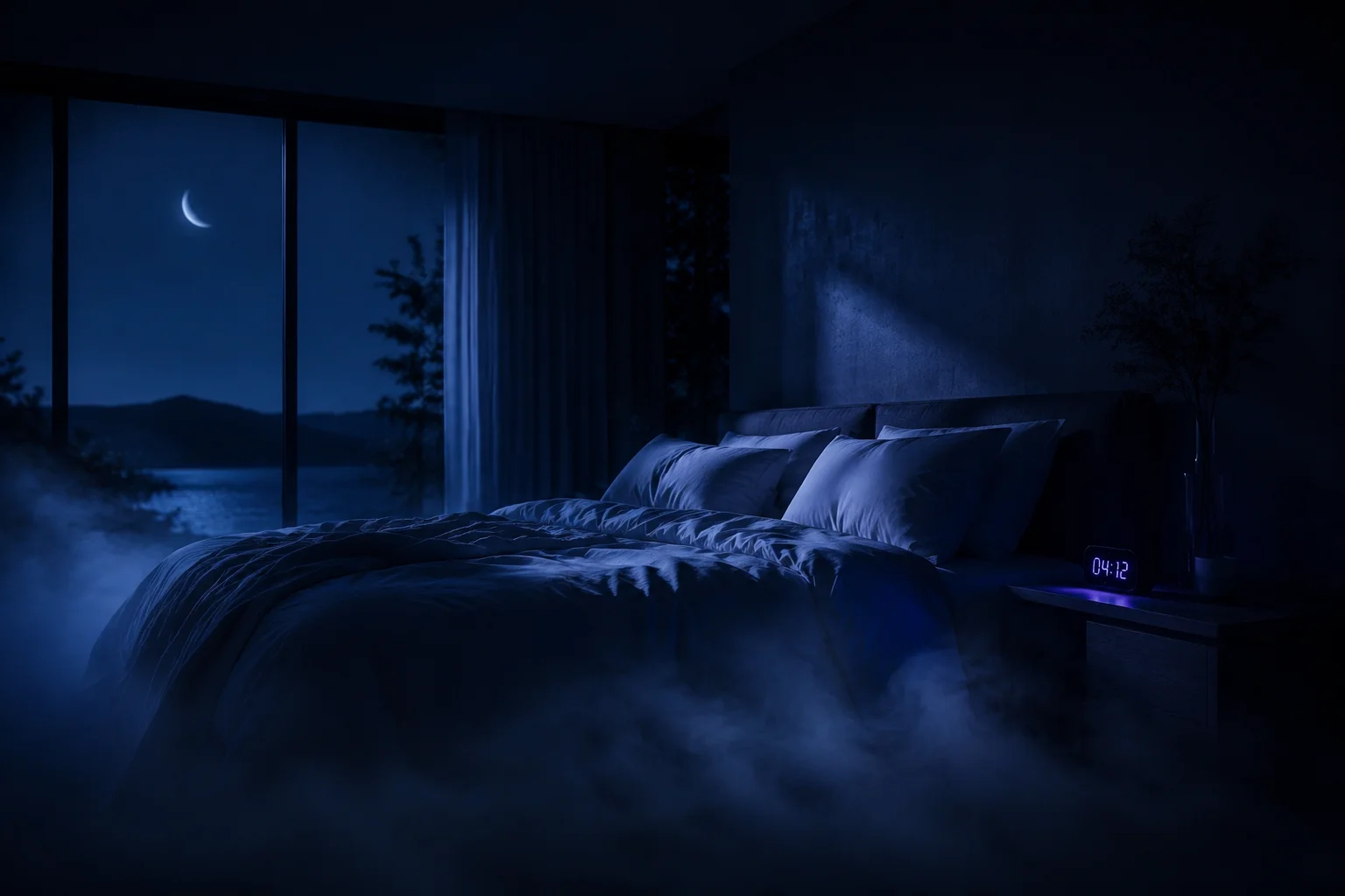 Serene dark bedroom at blue hour with crescent moon visible through the window and soft indigo ambient lighting